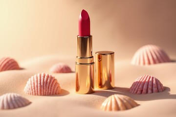 Golden Summer Elegance: Luxury Lipstick Among Seashells