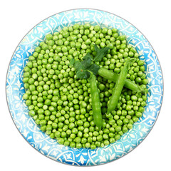 fresh peeled green peas vegetable with pea pod isolated in dish, top view, cutout in transparent background, png format