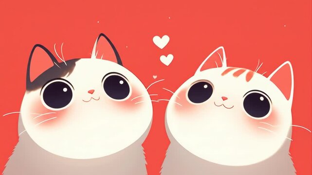Two cute kawaii cats moving animation, flat vector style