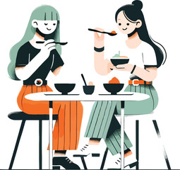 Two women eating food at a table bowls