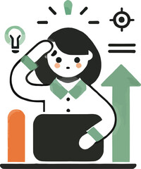 Woman thinking with lightbulb and upward graph idea