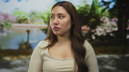 Young hispanic woman wearing scoop neck top looking at camera showing bare face and long hair in...