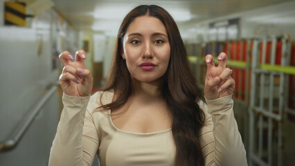 Young hispanic woman showing air quotes gesture with both hands in indoor corridor; sarcasm and...