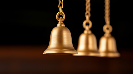Obraz premium Elegant golden bells hang serenely against a dark backdrop. Their polished surfaces reflect light, highlighting their classic forms and timeless appeal, suspended by delicate chains.