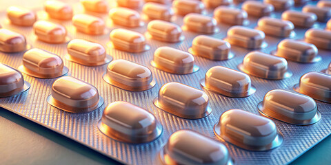 A blister pack is filled with shiny capsules arranged in neat rows on a flat surface. Soft light highlights the capsules, creating a warm ambiance around them