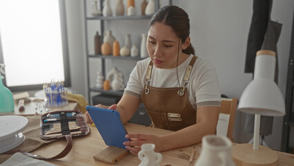Woman touches forehead while viewing tablet surrounded by pottery tools and vases on wooden table in workshop; creative frustration.