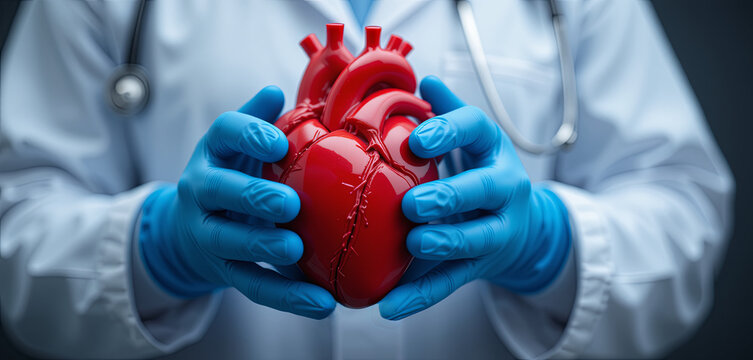 A healthcare worker in a white coat and blue gloves carefully holds a vibrant red model of a human heart. This image highlights the importance of heart health and education in a clinical environment