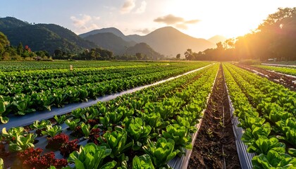 Lush Green Fields and Distant Mountains at Sunset.