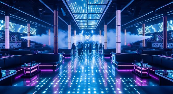 Futuristic nightclub interior with vibrant blue and purple neon lights, a reflective dance floor, and silhouettes of people in the background.