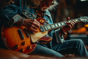Playing Electric Guitar Close-Up with Warm Lighting