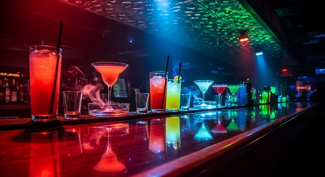 A row of colorful cocktails lined up on a reflective bar counter under vibrant nightclub lighting.