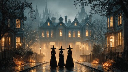 Eerie elegance: friends gather to celebrate in halloween witch attire. Edgy editorial. Starry night delight: friends celebrate as witches with pumpkin decor. Grotesque style.