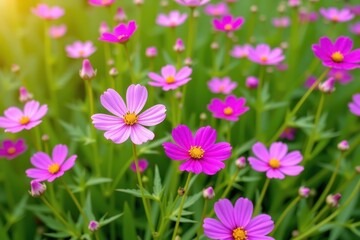 Fototapeta premium Delicate pink cosmos flowers bloom vibrantly in a lush green meadow, a vibrant natural scene, natural beauty, green grass, flowering meadow