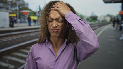 Fototapeta premium Transgender woman holding headset microphone and hand on forehead for headache at train station; stress.