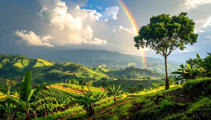 Lush Green Landscape with Rainbow and Tree Silhouette.