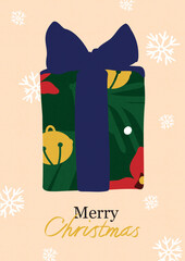 Colorful wrapped Christmas gift with festive decorations and greeting in winter theme