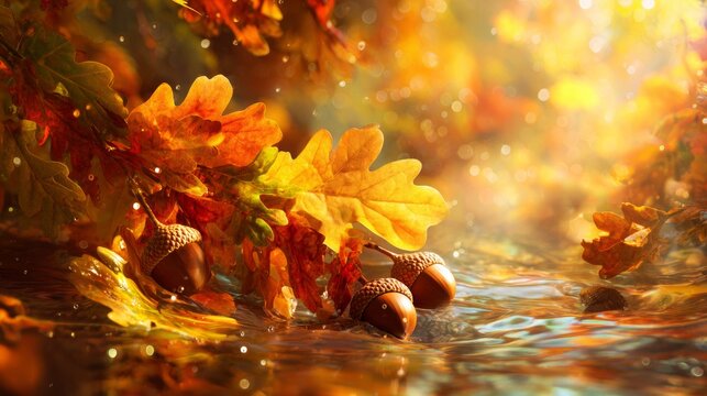 Illuminated autumn park: the dance of oak leaves and acorns. Branding asset. Gentle autumn: oak leaves and acorns in soft sunlight. Studio portrait. Editorial style.