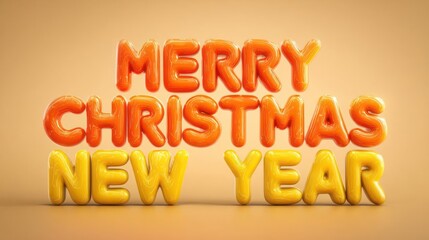 Festive merry christmas and new year greeting in 3d balloon letters with warm orange and yellow tones