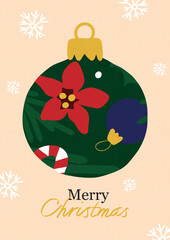 A vivid Christmas ornament featuring a red flower, a blue ornament, and candy cane designs hangs against a light background, celebrating the holiday spirit with cheerful colors.