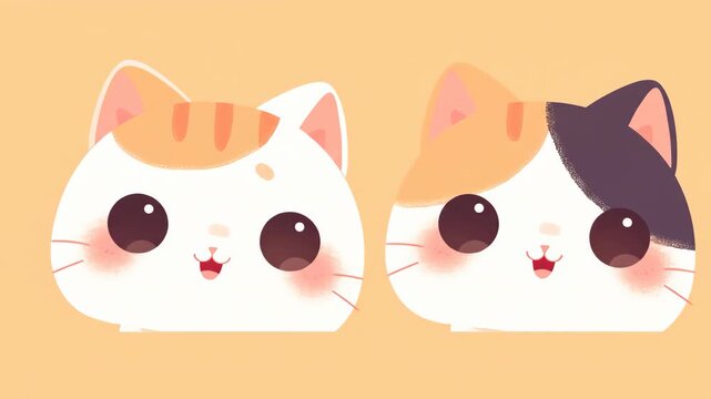 Close-up animation of two cute kawaii cats, flat vector style