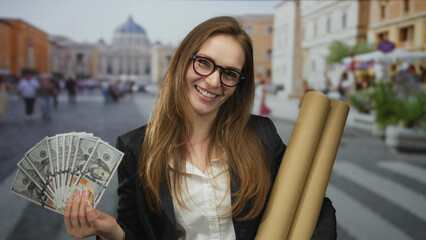 Young woman holding money fan and cardboard tubes on street outside vatican building; prosperity...