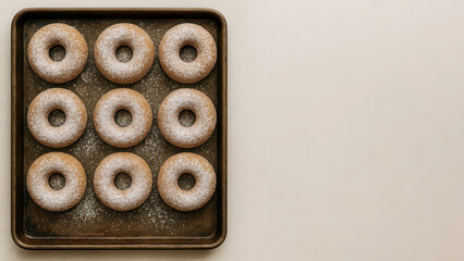 Apple cider donuts with powdered sugar on baking tray and copy space