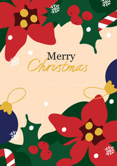 Brightly designed Christmas card showcases holiday flowers, ornaments, and candy canes. A warm Merry Christmas message brings festive joy to the season. Perfect for sending seasonal greetings.