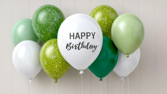Colorful balloons in shades of green and white with a cheerful "Happy Birthday" message, gradually filling the frame, showcasing festive atmosphere, camera zooms in for detail and vibrancy