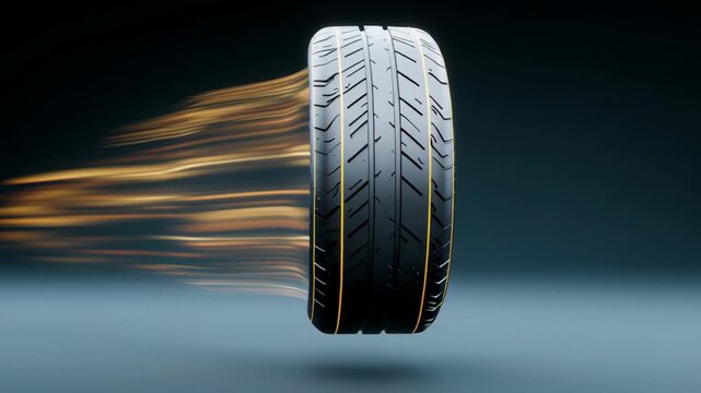 Dynamic spinning tire with motion blur effect, showcasing the sleek design and tread pattern, emphasizing speed and performance, camera follows the tire in a continuous motion sequence