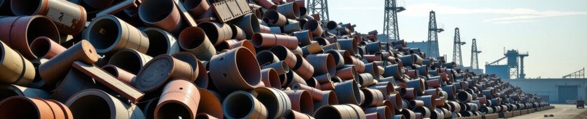 Fototapeta premium A massive pile of discarded steel and iron waiting for repurposing at an industrial recycling facility, recycling, recycled