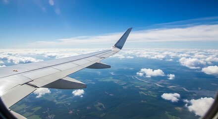 Obraz premium View from an airplane window of the wing soaring high above a green landscape and scattered white clouds under a blue sky.
