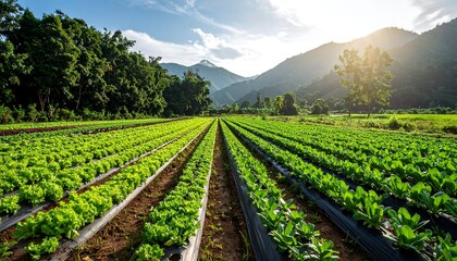 Lush Green Lettuce Field in Mountain Valley at Sunrise.