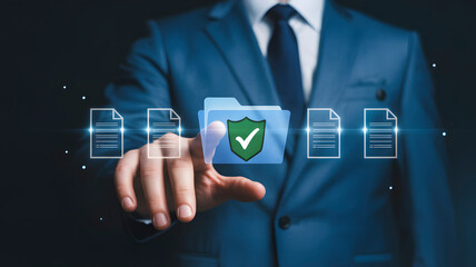 Confident businessman secures digital documents with advanced data protection technology, ensuring business integrity and compliance in a modern virtual environment.