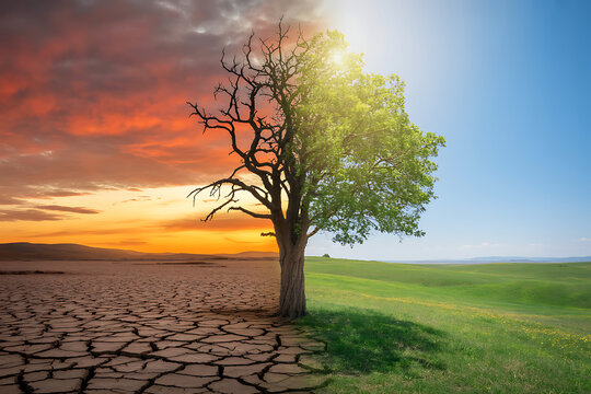 Dramatic landscape showing a single tree split into living green and dying dry halves, powerful concept illustrating climate change, environmental damage, drought, global warming, and hope for ecologi