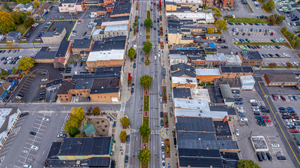 Canandaigua, NY, USA - October 17, 2025: Aerial photo over Rochester Street Downtown Canandaigua New York