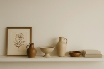 Minimal home decor shelf with ceramic vases framed art and neutral tones