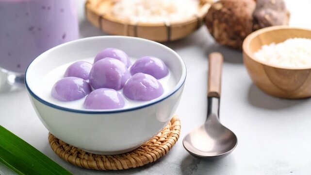 A bowl of purple taro glutinous rice balls in sweet coconut milk, a traditional Asian dessert.