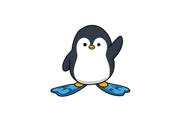 Cute cartoon penguin wearing blue flippers and waving hello with its flipper on a white background