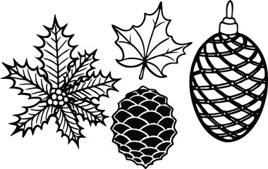 Obraz premium Christmas and Autumn Elements Line Art Keywords christmas holly maple leaf pine cone, bauble.