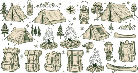 Vintage Camping Gear and Nature Scene Illustration Featuring Tents, Backpacks, Lanterns, Canoes, Mountains, Trees, and Campfires in Sketch Style © Vex flow