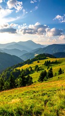 Lush Green Mountain Landscape Under a Bright Blue Sky.