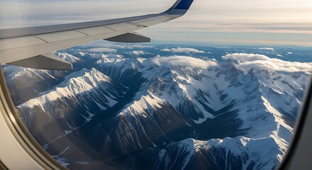 An aerial view from an airplane window of a vast, snow-covered mountain range below.
