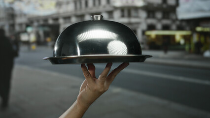 Hand lifting a cloche on a city street with an outdoor urban backdrop, highlighting the hospitality and service industry in a bustling town atmosphere.