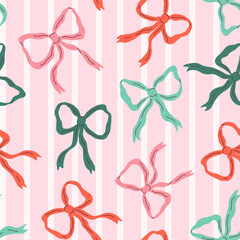 Playful Christmas Bows, Hand-drawn festive bows on soft pink stripes cheerful and sweet Christmas design