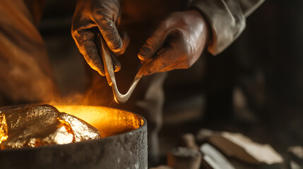 A blacksmith skillfully works with molten metal, shaping it with tools amidst the intense heat. The artisan's hands guide the transformation of raw material into a crafted object.