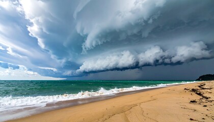 Beach scene with rolling waves and ominous storm clouds gathering