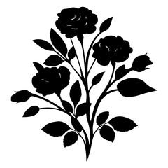Silhouette of a floral bouquet with blooming roses leaves and buds in a black and white illustration style