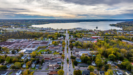 Canandaigua, NY, USA - October 17, 2025: Aerial photo over Rochester Street Downtown Canandaigua New York