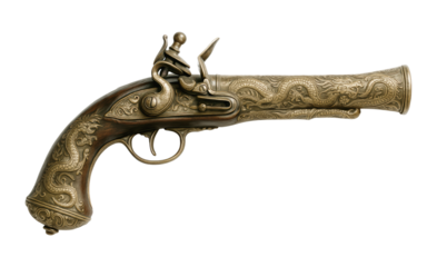 Ornate antique flintlock pistol with intricate Asian dragon engravings on the barrel and wooden grip, Isolated on Transparent and White Background