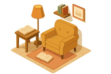 Cozy reading nook with armchair, lamp, and open books in warm tones